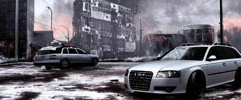 Image similar to Audi A4 B6 Avant (2002), a gritty neo-noir, dramatic lighting, cinematic, eerie person, death, homicide, homicide in the snow, viscera splattered, gunshots, bullet holes, establishing shot, extremely high detail, cracked windows, photorealistic, arson, makeshift grave, burial site, cinematic lighting, artstation, by simon stalenhag, Max Payne (PC) (2001) winter New York at night, In the style of Max Payne 1 graphic novel, flashing lights, Poets of the Fall - Late Goodbye