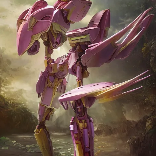 Image similar to futuristic nymphaea mecha unit waterlily upper body, sepals forming helmet, floral details, nymphaea, 8 k hd resolution, barbatos gundam with floral inlay, bandai box art, star wars, makoto kobayashi, frank gehry, raymond swanland