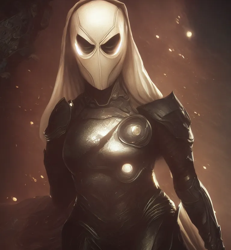 Image similar to female moon knight, hyper detailed, digital art, trending in artstation, cinematic lighting, studio quality, smooth render, unreal engine 5 rendered, octane rendered, art style by klimt and nixeu and ian sprigger and wlop and krenz cushart