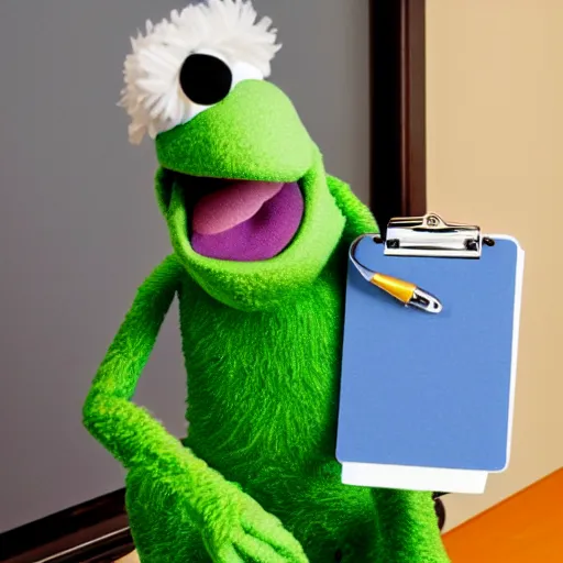 Prompt: skeeter the Muppet holding a clipboard