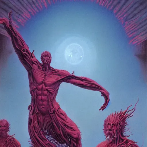 Prompt: Soul eating angels satisfy their hunger, light illumination at sunset, by Wayne Barlowe height 768
