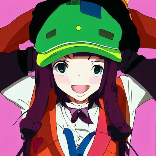 Image similar to anime girl with very large beret, cel - shading, 2 0 0 1 anime, flcl, jet set radio future, golden hour, underground facility, underground tunnel, pipes, rollerbladers, rollerskaters, cel - shaded, jsrf, strong shadows, vivid hues, y 2 k aesthetic