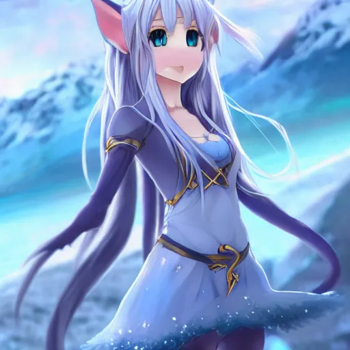 Prompt: a very beautiful anime elf girl, full body, long silver hair with a flower, sky blue eyes, full round face, short smile, revealing clothes, thick thigs, firm chest, ice snowy lake setting, cinematic lightning, medium shot, mid-shot, highly detailed, trending on Artstation, Unreal Engine 4k, cinematic wallpaper by Stanley Artgerm Lau, WLOP, Rossdraws, James Jean, Andrei Riabovitchev, Marc Simonetti, and Sakimichan