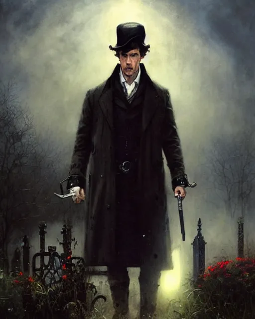 Image similar to sherlock holmes standing in a graveyard, night, detailed, hd, dramatic lighting, by tom bagshaw, by fintan magee, by raymond swanland, by sherree valentine daines