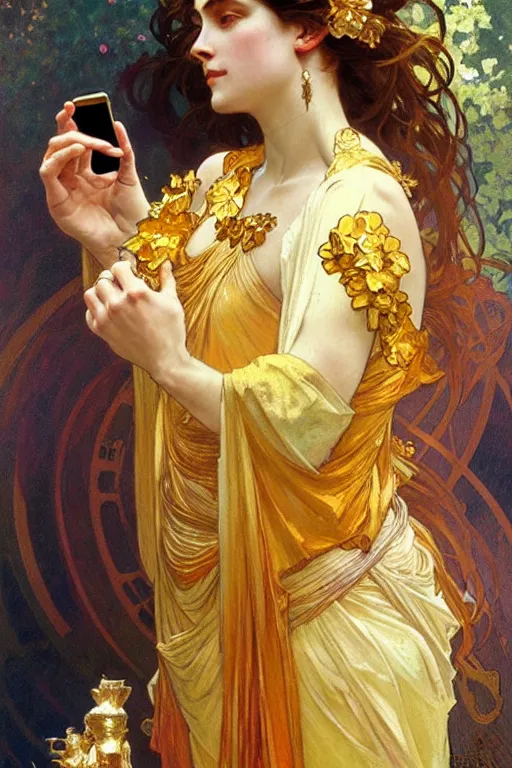 Image similar to A goddess wearing golden clothes, holding a phone, fantasy, painting by greg rutkowski and alphonse mucha