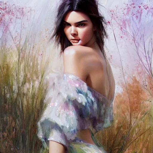 Prompt: fashion model kendall jenner by KlarEm by Richard Schmid by Jeremy Lipking by moebius by atey ghailan