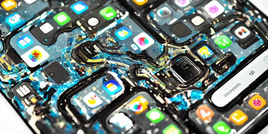 Image similar to the inner workings of an iPhone 13, high detail, colorful