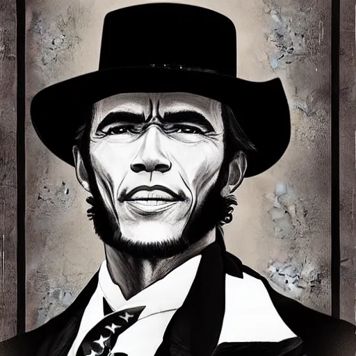 Image similar to an 1 8 0 0 s photo of barrack obama playing the role of clint eastwood, squinting at high noon, in the style of a clint eastwood movie, the good, the bad and the ugly, vibe, glory days, mount rushmore, justice, american flag, independence, patriotism, black and white, artgerm