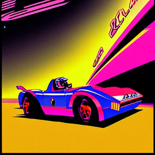 Prompt: speed racer in outrun style, dreamwave, synthwave, 1980s