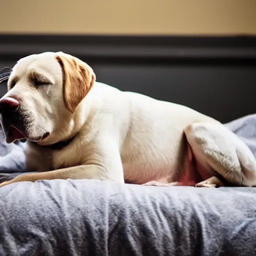 Prompt: a photo of a yellow lab sleeping on a bed on a gray blanket