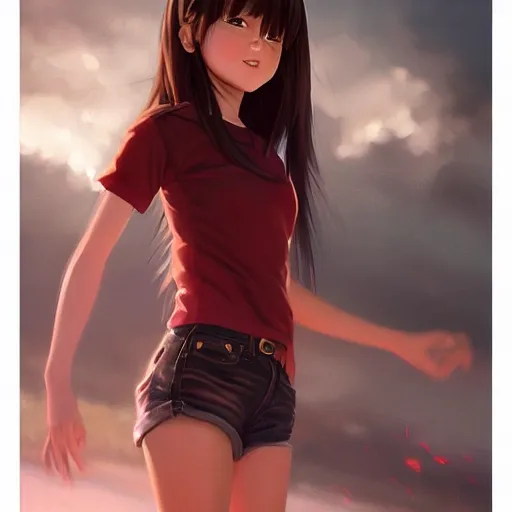 Image similar to Full body, clothed. realistic style at CGSociety by WLOP, Ilya kuvshinov, Krenz Cushart, Greg Rutkowski, trending on artstation. Realistic fantasy cute indigenous brunette Pixar-style young girl, expressing joy, silky hair, wearing a red-sleeved white t-shirt with jeans, she has fire powers, Cinematic dramatic atmosphere of a mystic forest, sharp focus, soft volumetric studio lighting.