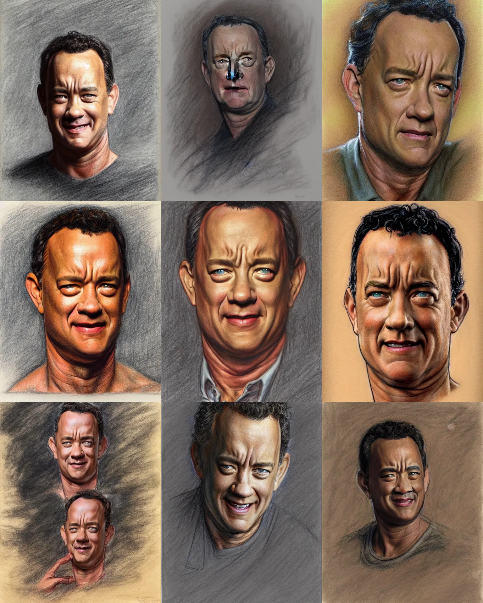 Prompt: colored chalk preliminary drawing of tom hanks, by study donato giancola, michelangelo, frank frazetta, peter paul rebens, toned paper