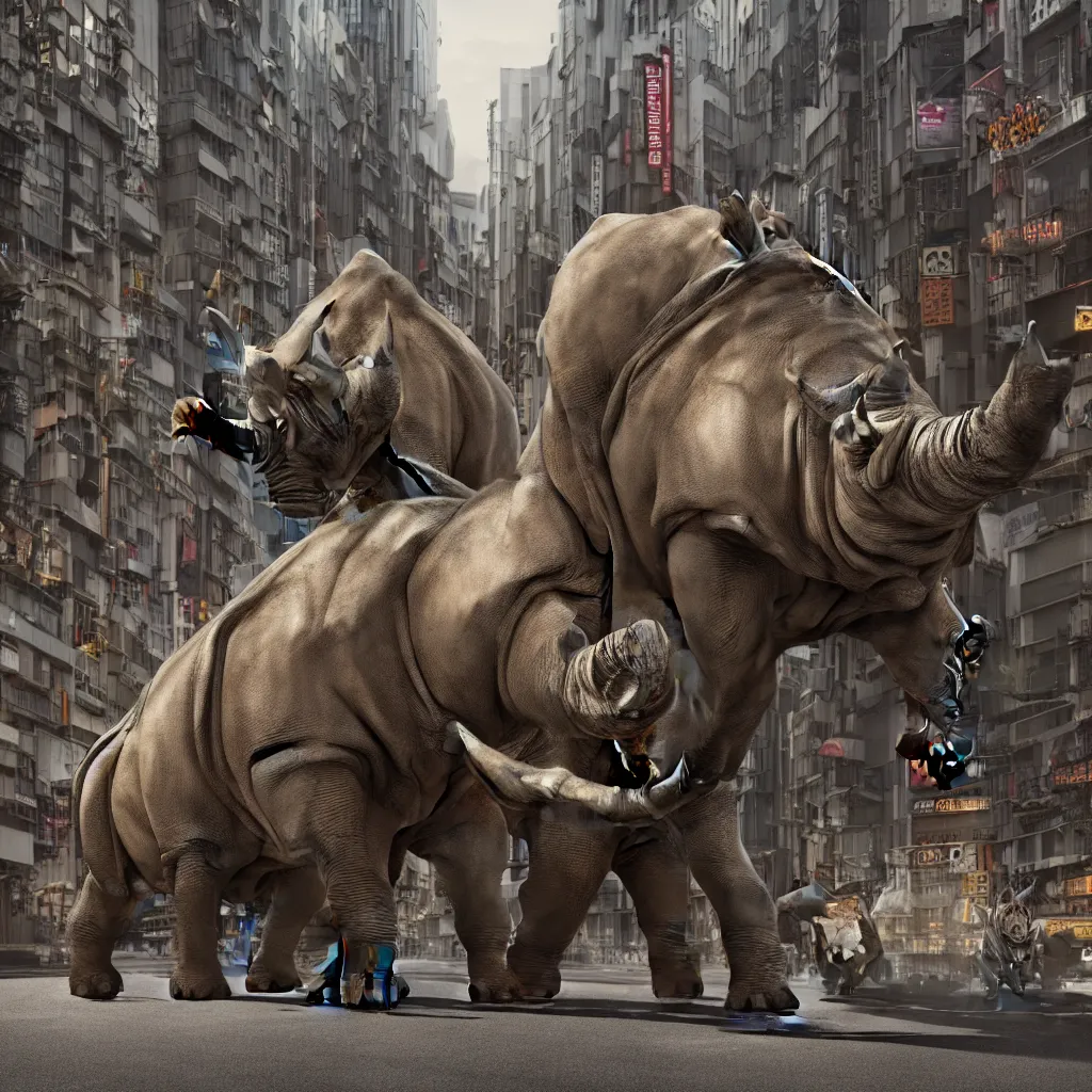 Prompt: a mechanical rhinoceros charging down a city street in Tokyo, ornamental,photorealistic, wide angle, cinematic atmosphere, elaborate, highly detailed, ornate, shiny, dramatic lighting, octane render, style by John Salt,