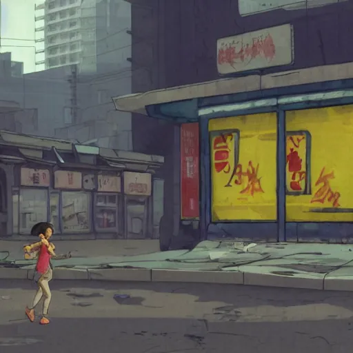 Image similar to incredible wide screenshot, ultrawide, simple watercolor, rough paper texture, ghost in the shell movie scene, back-lit distant shot of phoenix running from a puppet master in tuxedo side view, yellow parasol in deserted dusty shinjuku junk town, broken vending machines, bold graphic graffiti, old pawn shop, bright sun bleached ground, mud, fog, dust, windy, scary robot monster lurks in the background, ghost mask, teeth, animatronic, black smoke, pale beige sky, junk tv, texture, brown mud, dust, tangled overhead wires, telephone pole, dusty, dry, pencil marks, genius party,shinjuku, koji morimoto, katsuya terada, masamune shirow, tatsuyuki tanaka hd, 4k, remaster, dynamic camera angle, deep 3 point perspective, fish eye, dynamic scene