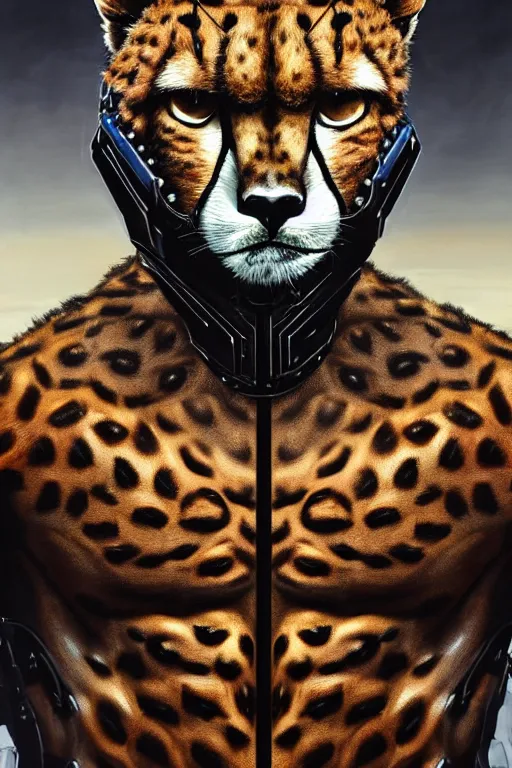 Image similar to a portrait of a muscular anthropomorphic cyberpunk cheetah in spacesuit armor with ensignia on chest plate by sandra chevrier, by jon foster, detailed render, post - processing, extremely hyperdetailed, intricate, epic composition, cybernetics, 4 k realistic, cryengine, realistic shaded lighting, sharp focus, masterpiece, by enki bilal