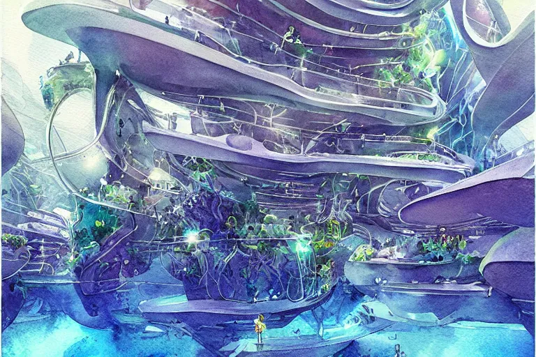 Image similar to watercolor artwork of futuristic underwater eco friendly city : : green, art nouveau, trending on artstation