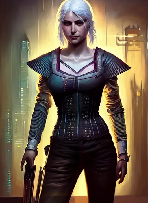 Prompt: portrait of Ciri wearing a sci-fi outfit from the Witcher as a character in Cyberpunk 2077, looking at camera, intricate, elegant, sci-fi, extremely detailed, digital painting, artstation, concept art, smooth, sharp focus, illustration, ambient lighting, incredible art by artgerm and greg rutkowski and alphonse mucha and simon stalenhag
