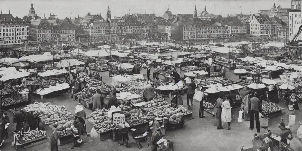 Prompt: 1 8 th century picture of the hamburg fischmarkt, food stalls, vegetable stands, fishmongers, 1 9 0 0 s photography