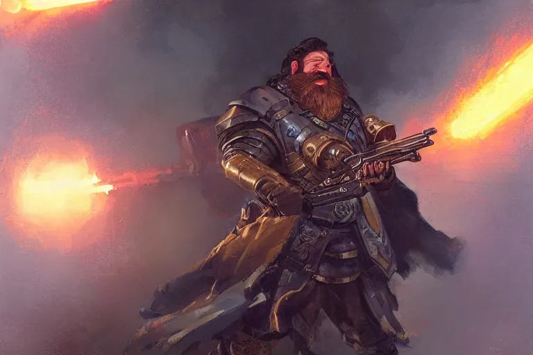 Image similar to this dwarven plasma gunner is holding a flintlock rifle charged by lightning by Greg Rutkowski