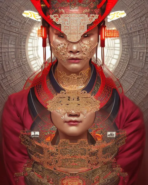 Image similar to portrait of a chinese cyberpunk machine, machine face, upper half portrait, decorated with chinese opera motifs, regal, asian, fine china, wuxia, traditional chinese art intricate intense elegant 京 剧 highly detailed digital painting artstation concept art smooth sharp focus illustration, art by artgerm and greg rutkowski alphonse mucha 8 k