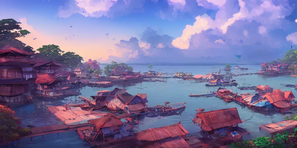 Image similar to pulau indah fishing town in the morning, detailed matte painting, studio ghibli, artstation