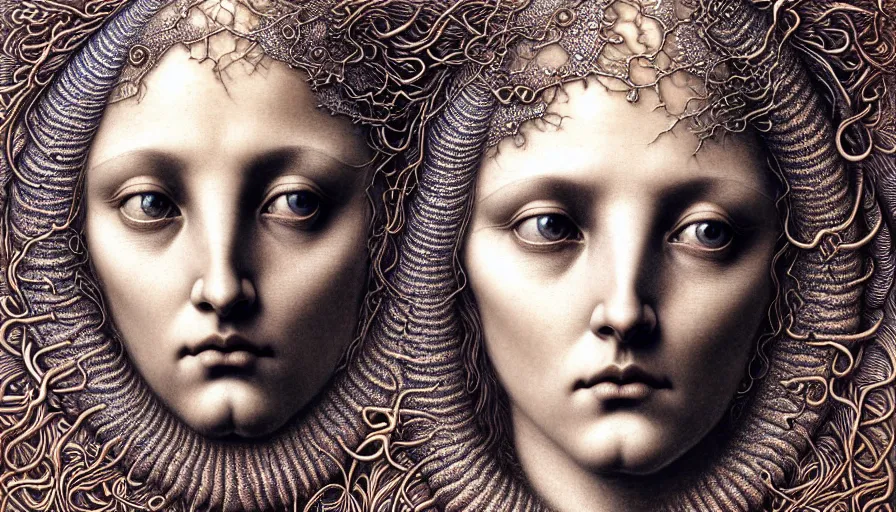 Image similar to detailed realistic beautiful moon goddess face portrait by jean delville, gustave dore, iris van herpen and marco mazzoni, art forms of nature by ernst haeckel, art nouveau, symbolist, visionary, gothic, neo - gothic, pre - raphaelite, fractal lace, intricate alien botanicals, ai biodiversity, surreality, hyperdetailed ultrasharp octane render