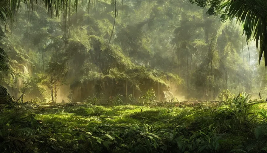 Prompt: a beautiful painting of an archaeological evolution in a lush jungle, ray traced lighting by kalin popov and greg rutkowski