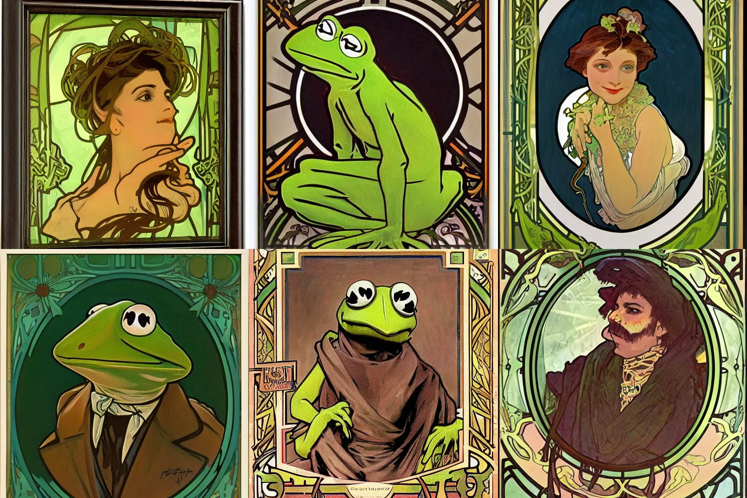 Prompt: A portrait of Kermit the Frog painted by Alphonse Mucha