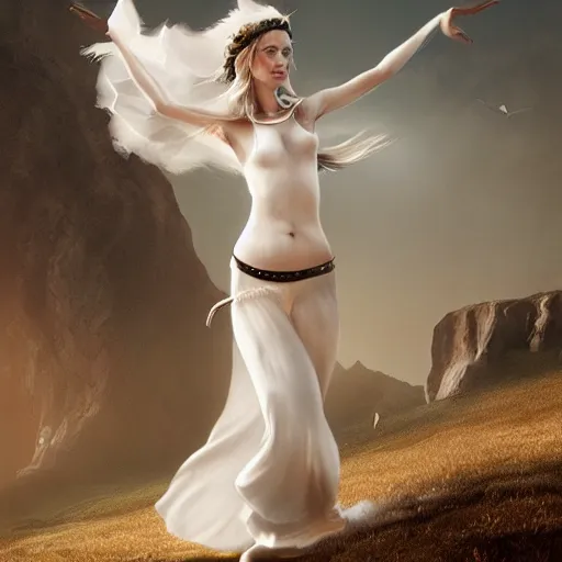 Image similar to white female dancing goat weared with white veils, matte painting, cinematic, epic composition, detailed, atmospheric, wide angle, artstation trending