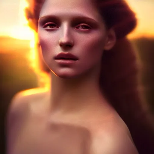 Image similar to photographic portrait of a stunningly beautiful renaissance female with iridescent magic glow, in soft dreamy light at sunset, contemporary fashion shoot, by edward robert hughes, annie leibovitz and steve mccurry, david lazar, jimmy nelsson, extremely detailed, hyperrealistic, perfect face, octane render