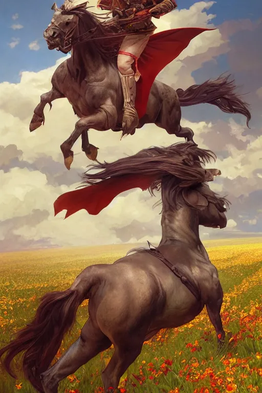 Image similar to fighter ridding a horse on a flower field, dragon flying in the sky above, highly detailed, digital painting, artstation, concept art, smooth, sharp focus, illustration, art by artgerm and greg rutkowski and alphonse mucha and andrei riabovitchev