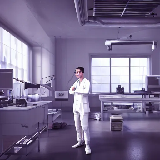 Prompt: muted colors, enlightenment era, 3 d octane render, unreal engine, realistic, and young scientist! standing in his laboratory observing a huge complex experiment!!, detailed, volumetric lighting