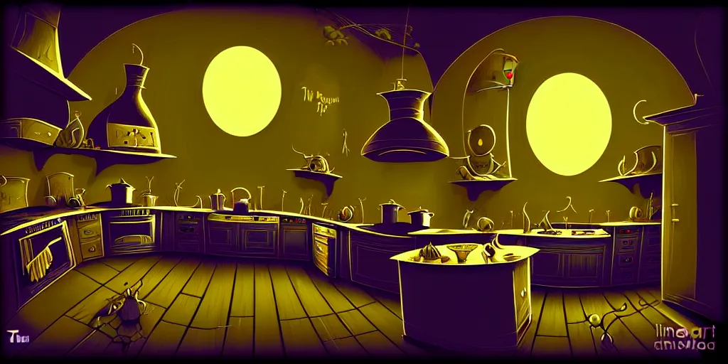 Prompt: curved perspective digital art of a dark kitchen from Tim Burtons Nightmare Before Christmas by Petros Afshar