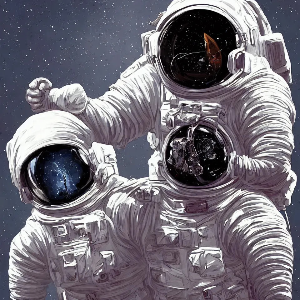 Prompt: a detailed astronaut helmet wearing a headphone by john romita jr, digital painting, digital art, beautiful, dynamic lighting, cinematic, epic composition, masterpiece