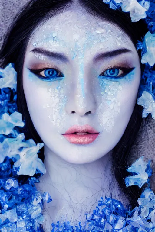 Image similar to beautiful medieval woman's fractured face blended with blue crystallic flowers jacky tsai style, pale skin, make up, acrylic on canvas