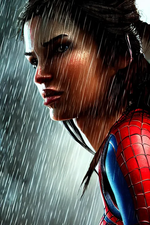 Image similar to cinematic of lara croft as spiderman, dramatic rain, 8 k, moody lighting