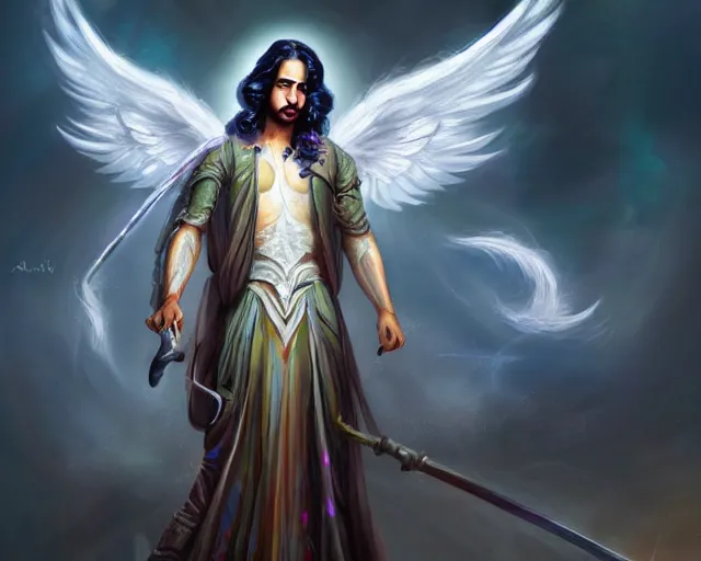 Prompt: Avan Jogia as an angel with large white wings, colorful detailed fantasy digital art, trending on artstation