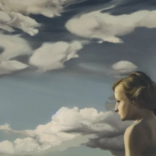 Prompt: close up of a beautiful woman, clouds in background, dramatic lighting, painting by neo rauch, highly detailed