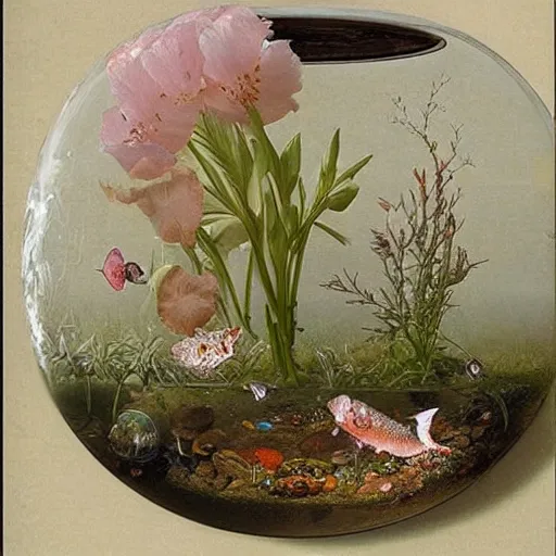 Image similar to floating flowers in a transparent fish tank,Clara Peeters