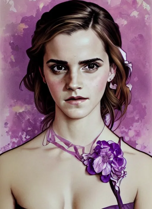 Image similar to emma watson wearing revealing elegant pink and purple dress with flounces. beautiful detailed face. by artgerm and greg rutkowski and alphonse mucha