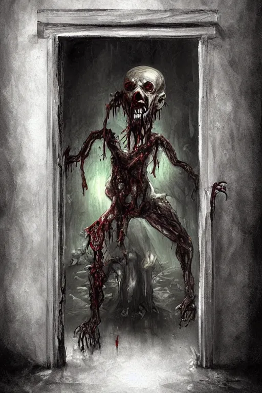 Image similar to a painting of a zombie coming out of a doorway, concept art by dave melvin, photorealistic, hooks on chains, featured on deviantart, fantasy art, concept art, grotesque, creepypasta, black magic, demonic