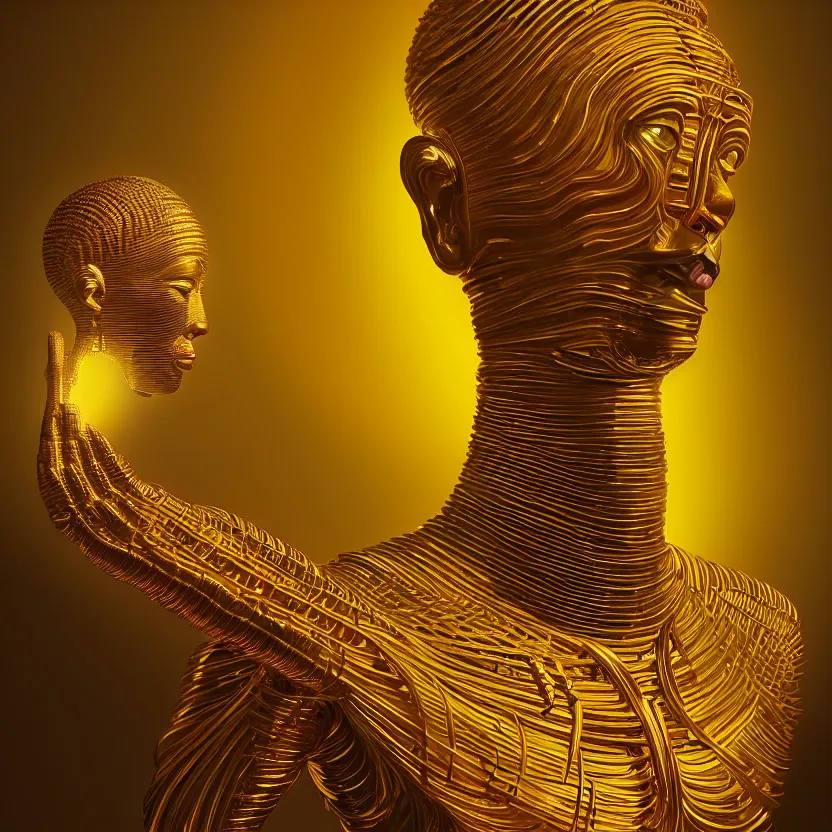 Prompt: a beautiful painting of a smooth golden african symmetrical proportional sculpture figure being worshipped by millions of aliens and spaceships by beeple dim lighting, detailed portraits, unreal engine 5, concept art, highly rendered, digital painting, artstation, concept art, smooth, sharp focus, perfect horizontal symmetry illustration, detailed and intricate environment, artstation hq