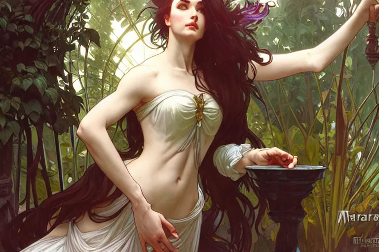 Image similar to ubermench, machiavellian garden, art by artgerm and greg rutkowski and alphonse mucha