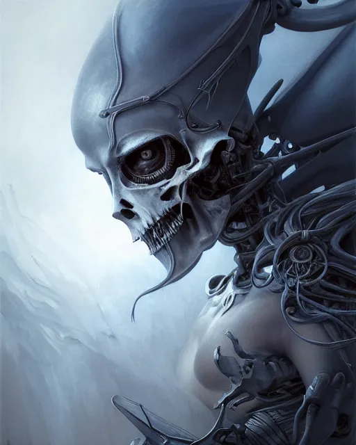 Image similar to concept art by artgerm, death of the four horsemen of the apocalypse, soft blue and grey natural light, intricate, i robot queen of death, highly detailed dark art, digital painting, artstation, concept art, smooth, sharp focus, illustration, art by greg rutkowski and luis rollo and uang guangjian and gil elvgren, symmetry!