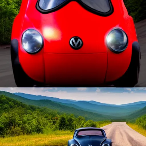 Image similar to promotional scifi - mystery movie scene of a giant - sized ladybug that is a hybrid with a ( volkswagen beatle ) hybrid, flying down a dusty back - road in smokey mountains tennessee. cinematic, muted dramtic color, 4 k, imax, 7 0 mm, hdr