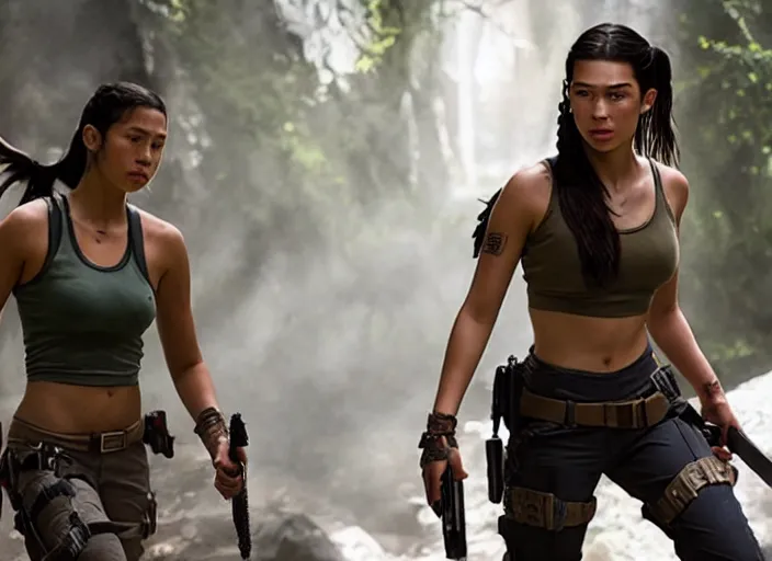 Image similar to film still of!!!! amber midthunder!!! as lara croft in new tomb raider movie, 8 k