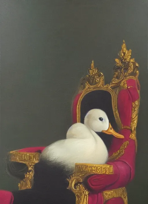 Image similar to oil painting of a royal duck sitting on a throne