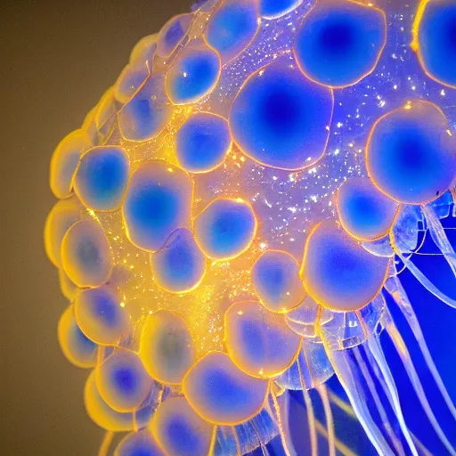 Image similar to at night, very close detailed closeup of big blue jellyfish glowing in the night,