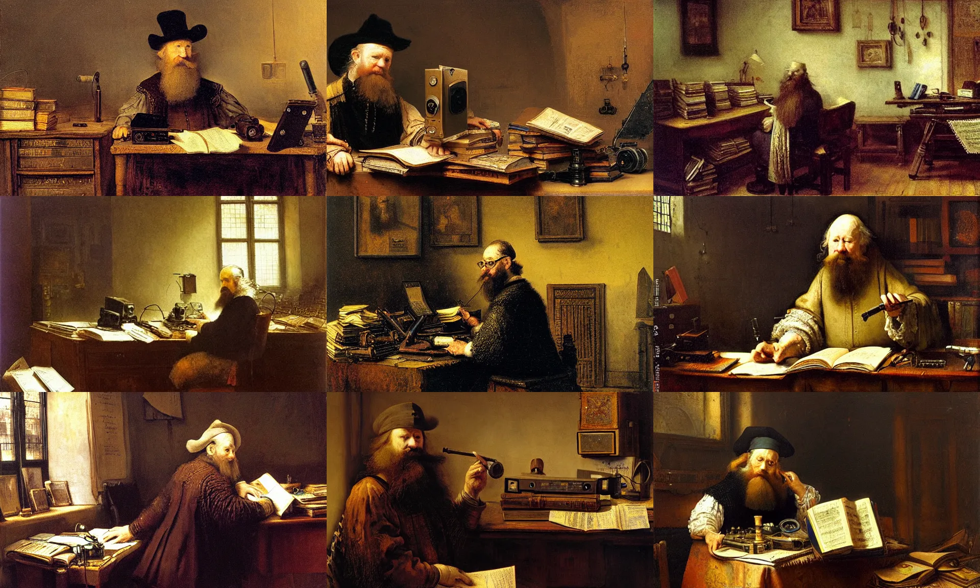 Prompt: A bearded wizard uses radio equipment at a desk cluttered with tomes, oil painting by Rembrandt