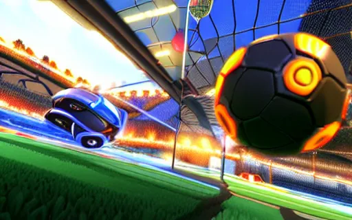 Prompt: rocket league, car soccer, boom, goal, demo, explosion, action shot, lens flares, rim light, raytracing, glow, haze, octane render, unreal engine, cinematic angle, dramatic lighting